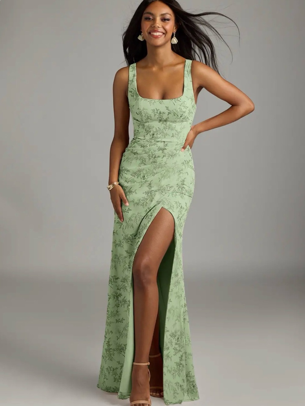 Azazie Mero Green Fern Floral Sheath Pleated Chiffon Dress